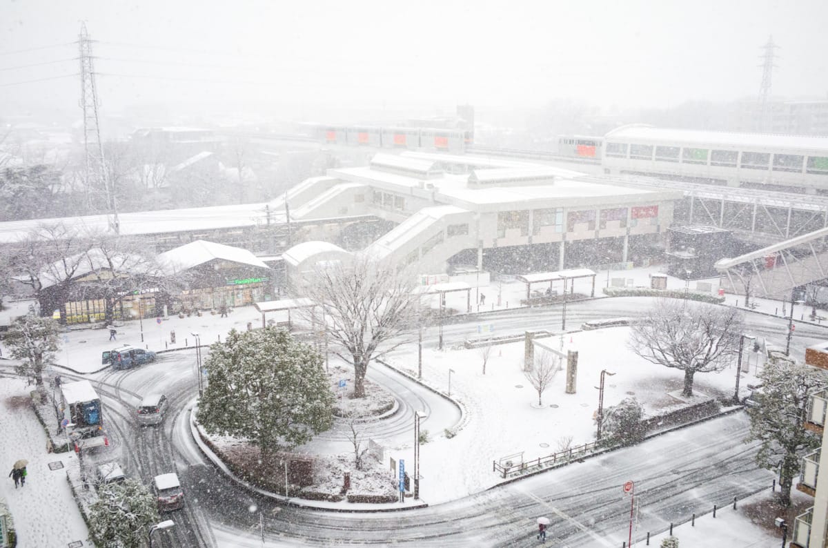 Suburban Tokyo public housing in the snow